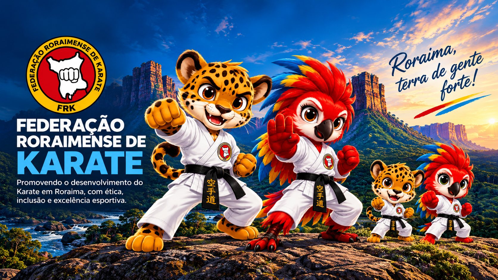 Banner oficial da FRK com emblema, quatro mascotes de karate e o slogan Roraima, terra de gente forte!