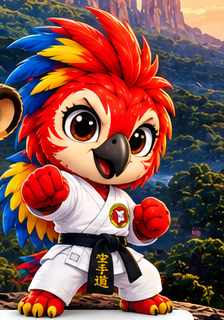 Boneco em miniatura do mascote arara da FRK com kimono