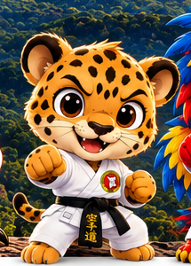 Boneco em miniatura do mascote onça-pintada da FRK com kimono